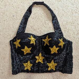 Black And Gold Star Sequin Bedazzled Bustier Crop Halter Top